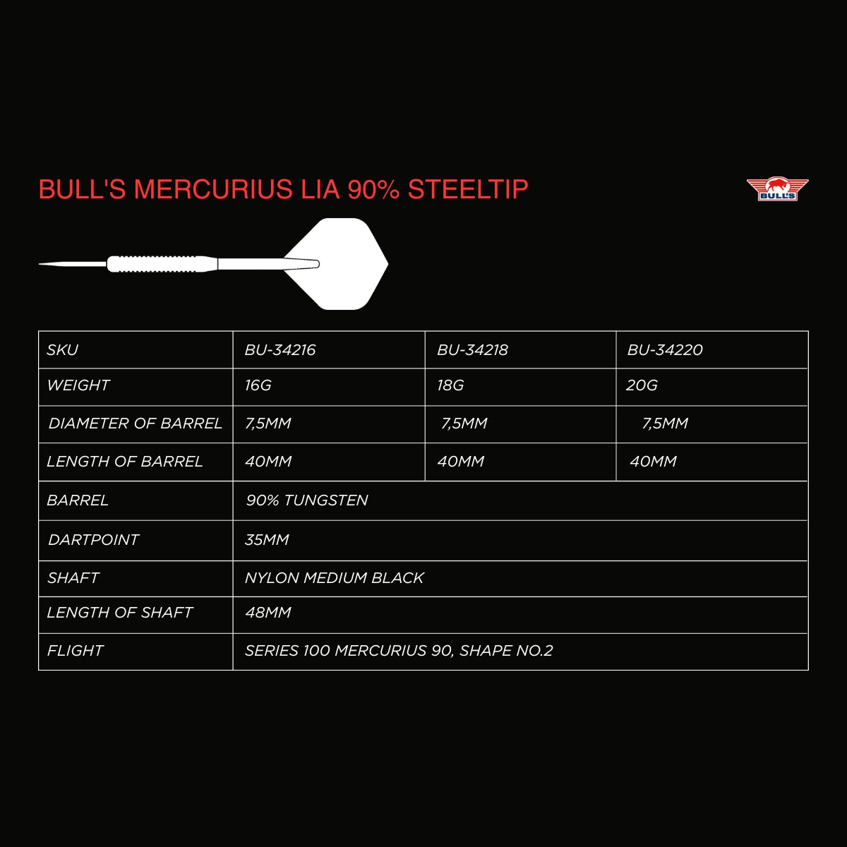 Bull's Mercurius Lia 90% Steel Tip Darts